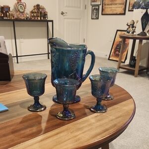 Indiana Carnival Blue Pitcher and Goblet Set